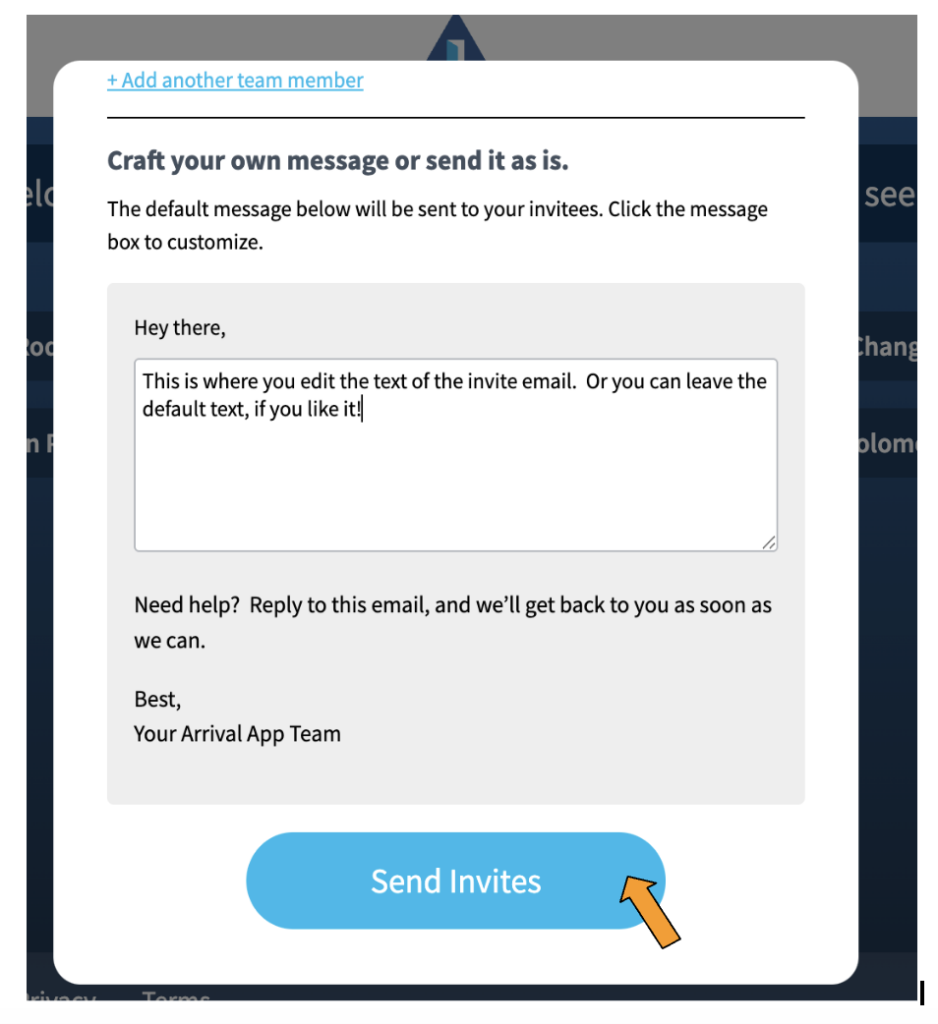 A screenshot of the email template that goes out to Invites. There is an orange arrow point to a blue button labeled "Send Invites".