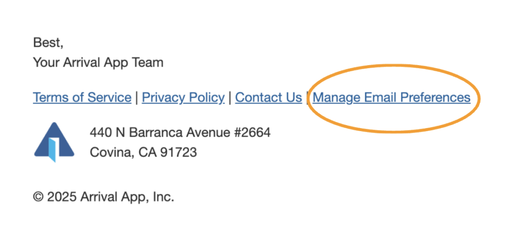 Screenshot of footer bottom of email with hyperlinked text, Manage Email Preferences, highlighted