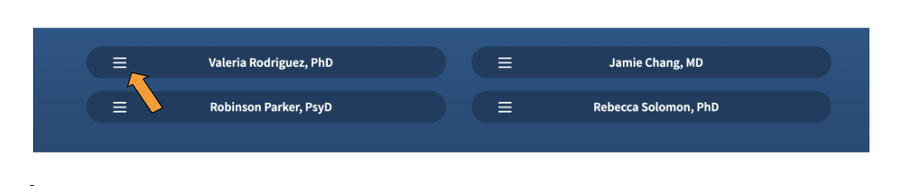 A screenshot of four names, each with a hamburger icon next to them. There is an orange arrow pointing to the hamburger icon (three horizontal lines stacked on top of each other) next to one of those names.