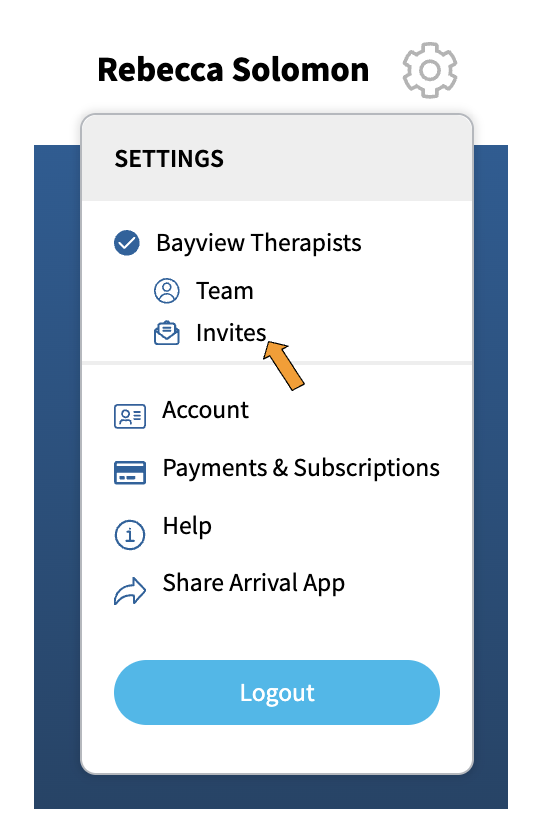 A screenshot of the options that appear when the gear icon for settings is activated. At the top of the dropdown is the word, "Settings". Under that is "Bayview Therapists" which is the name of the sample therapy practice. Under "Bayview Therapists" are two options: "Team" with an icon showing a head and a body, and "Invites" with an icon showing an envelope. There is an orange arrow pointing to "Invites".