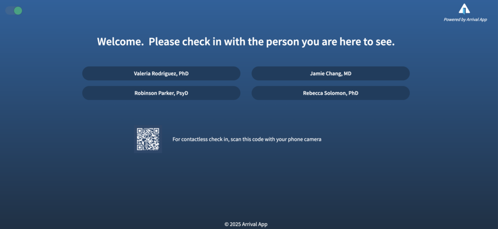 Picture of a screen with a message saying "Welcome.  Please check in with the person you are here to see."  It lists four names of people, and also has a QR code next to the instructions, For contactless check in, scan this code with your phone camera.