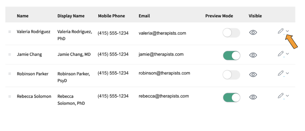 A screenshot of the table on the Team page. There are 6 columns, labeled "Name", "Display Name", "Mobile Phone", "Email", "Preview Mode", and "Visible". There are four rows of entries, with information for each Team member.
Under the "Preview Mode" is a toggle that is green when turned ON.
Under the "Visible" column is an eye icon that is dark when turned on, and light when turned off.
There is a pencil icon in each row, indicating that the row's contents can be edited. The pencil icon at the end of the first row has an orange arrow pointing to it.