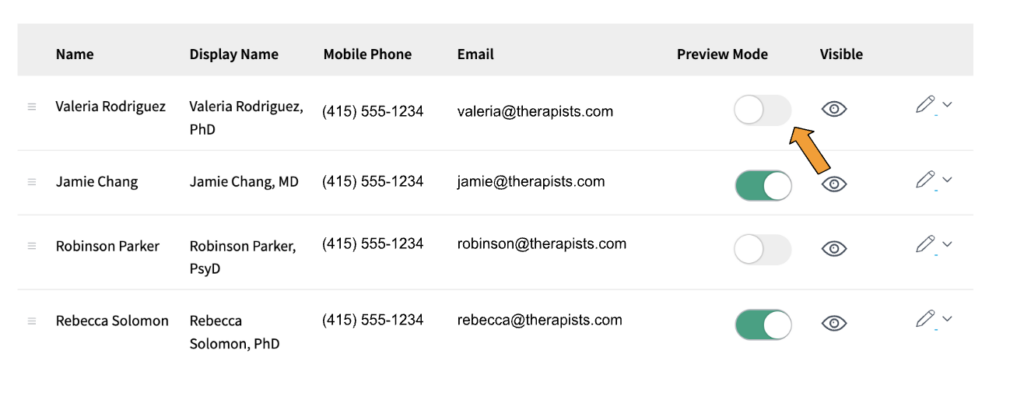 A screenshot of the table on the Team page. There are 6 columns, labeled "Name", "Display Name", "Mobile Phone", "Email", "Preview Mode", and "Visible". There are four rows of entries, with information for each Team member.
Under the "Preview Mode" is a toggle that is green when turned ON.
Under the "Visible" column is an eye icon that is dark when turned on, and light when turned off.
There is a pencil icon in each row, indicating that the row's contents can be edited.
In the first row of the table, the toggle in the "Preview Mode" column has an orange arrow pointing to it.