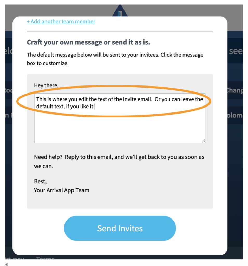 A screenshot of the email template that goes out to Invites. The section of the email template that can be edited by admin users is circled in orange.