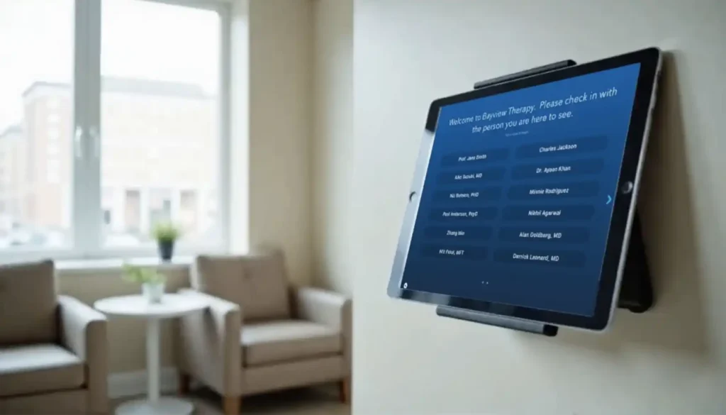 an office waiting room with an iPad mounted to a wall, displaying the Arrival App